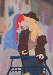 Size: 1000x1415 | Tagged: safe, artist:-夜遊魚-, imported from derpibooru, applejack, rainbow dash, human, appledash, female, humanized, kissing, lesbian, shipping, shopping cart