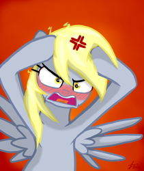 Size: 1228x1457 | Tagged: safe, artist:lennondash, imported from derpibooru, derpy hooves, pegasus, pony, angry, bloodshot eyes, blushing, blushing profusely, cross-popping veins, female, head in hooves, looking at you, mare, open mouth, red background, simple background, solo, spread wings, wings