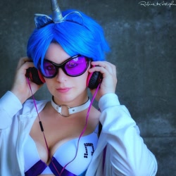 Size: 1080x1080 | Tagged: safe, imported from derpibooru, dj pon-3, vinyl scratch, human, breasts, cleavage, clothes, cosplay, costume, headphones, irl, irl human, photo