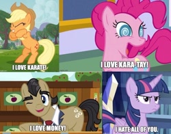 Size: 732x573 | Tagged: safe, edit, edited screencap, imported from derpibooru, screencap, applejack, filthy rich, pinkie pie, twilight sparkle, pony, caption, image macro, karate choppers, out of character, reference, spongebob reference, spongebob squarepants, text