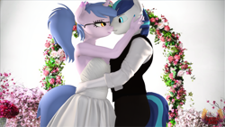 Size: 7680x4320 | Tagged: safe, alternate version, artist:loveslove, imported from derpibooru, shining armor, oc, oc:steamy, anthro, unicorn, 3d, alternate character, canon x oc, clothes, commissioner:steamy, dress, hand on hip, marriage, ponytail, wedding, wedding dress