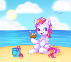 Size: 1175x1018 | Tagged: safe, artist:malarkey, imported from derpibooru, sunny daze (g3), earth pony, pony, beach, bucket, cloud, coconut cup, female, g3, mare, ocean, sand, solo, spade, summer, sun