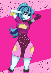 Size: 2462x3507 | Tagged: safe, artist:lennondash, imported from derpibooru, sonata dusk, equestria girls, adorasexy, arm behind head, breasts, busty sonata dusk, cute, female, grin, looking at you, one eye closed, sexy, smiling, smiling at you, solo, sonatabetes, taco dress, wink, winking at you