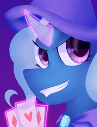 Size: 1595x2077 | Tagged: safe, artist:catbxyalexx, imported from derpibooru, trixie, unicorn, cape, clothes, curved horn, grin, hat, horn, looking at you, magic, playing card, simple background, smiling, trixie's cape, trixie's hat