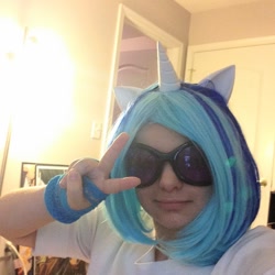 Size: 960x960 | Tagged: safe, imported from derpibooru, dj pon-3, vinyl scratch, human, clothes, cosplay, costume, irl, irl human, peace sign, photo
