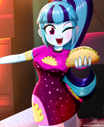 Size: 1784x2163 | Tagged: safe, artist:the-butch-x, imported from derpibooru, sonata dusk, equestria girls, clothes, cute, digital art, female, food, looking at you, minidress, one eye closed, open mouth, open smile, redraw, sharp teeth, smiling, smiling at you, solo, sonatabetes, sonataco, taco, taco dress, teeth, that girl sure loves tacos, that pony sure does love tacos, that siren sure does love tacos, wink, winking at you