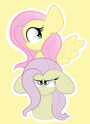 Size: 956x1323 | Tagged: safe, artist:sugarcloud12, imported from derpibooru, fluttershy, pegasus, pony, discorded, duality, ears back, outline, simple background, white outline, yellow background