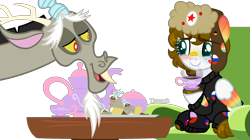 Size: 1775x996 | Tagged: safe, artist:rickysocks, imported from derpibooru, discord, oc, draconequus, pegasus, pony, base used, chair, clothes, duo, eyebrows, eyebrows visible through hair, female, hat, looking at each other, male, mare, open mouth, open smile, pegasus oc, simple background, sitting, smiling, smiling at each other, socks, transparent background, ushanka