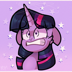 Size: 1400x1400 | Tagged: safe, artist:kimmypalazzo, imported from derpibooru, twilight sparkle, pony, bust, confused, dizzy, ears back, female, gritted teeth, mare, portrait, shrunken pupils, solo, stars