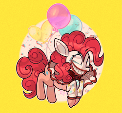 Size: 1933x1800 | Tagged: safe, artist:kimmypalazzo, imported from derpibooru, pinkie pie, earth pony, pony, balloon, clown, creepy, creepy smile, female, mare, simple background, smiling, solo, yellow background