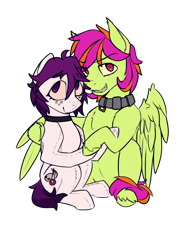 Size: 3000x4000 | Tagged: safe, artist:toanderic, imported from derpibooru, oc, oc only, oc:frame gravity, oc:the doll, original species, pegasus, plush pony, pony, derpibooru community collaboration, 2022 community collab, collar, freckles, grin, high res, hoof hold, hug, hugging a pony, looking at you, pegasus oc, plushie, simple background, sitting, smiling, stitches, teeth, transparent background, winghug, wings