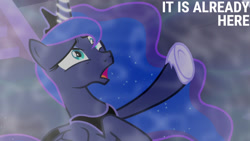 Size: 1280x720 | Tagged: safe, edit, edited screencap, editor:quoterific, imported from derpibooru, screencap, princess luna, alicorn, pony, do princesses dream of magic sheep, season 5, crown, female, jewelry, mare, night, open mouth, regalia, solo