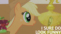 Size: 1280x720 | Tagged: safe, edit, edited screencap, editor:quoterific, imported from derpibooru, screencap, applejack, earth pony, pony, applebuck season, season 1, apple, applejack's hat, cowboy hat, female, food, hat, mare, ponyville town hall, solo, trophy