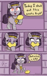 Size: 1279x2048 | Tagged: safe, artist:heretichesh, imported from derpibooru, oc, oc only, oc:mummydew, earth pony, pony, ankh, bandage, comic, eating, egyptian, egyptian headdress, egyptian pony, eyes closed, female, filly, food, lemon, scrunchy face, solo, sour, speech bubble, talking to viewer, thought bubble