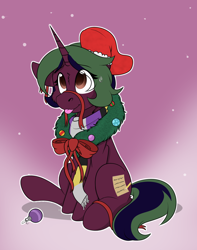 Size: 1744x2208 | Tagged: safe, alternate version, artist:rokosmith26, imported from derpibooru, oc, oc only, oc:acti nerdington, pony, unicorn, alternate character, bow, cheek fluff, christmas, christmas stocking, christmas wreath, clothes, commission, female, floppy ears, gradient background, holiday, horn, looking up, mare, one ear down, raised hoof, ribbon, scarf, simple background, sitting, smiling, solo, striped scarf, sweat, sweatdrop, tail, tongue out, unicorn horn, unicorn oc, wreath, ych result