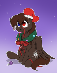 Size: 1744x2208 | Tagged: safe, alternate version, artist:rokosmith26, imported from derpibooru, oc, oc only, oc:joypad, pegasus, pony, alternate character, bow, cheek fluff, chest fluff, christmas, christmas stocking, christmas wreath, commission, female, floppy ears, gradient background, heterochromia, holiday, looking up, mare, one ear down, pegasus oc, pegasus wings, raised hoof, ribbon, simple background, sitting, smiling, solo, sweat, sweatdrop, tail, tongue out, wings, wreath, ych result