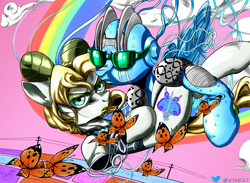 Size: 3000x2200 | Tagged: safe, artist:ktk's sky, imported from derpibooru, butterfly, earth pony, pony, angry, anime, clothes, cloud, dropping, female, high res, jojo, jojo's bizarre adventure, jolyne cujoh, mare, ponified, rainbow, stand, stone free, stone ocean