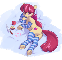 Size: 1336x1300 | Tagged: artist needed, source needed, safe, imported from derpibooru, apple bloom, earth pony, pony, apple, bloom butt, butt, clothes, dock, eye clipping through hair, female, food, frog (hoof), knife, leg warmers, looking at you, lying down, mare, older, older apple bloom, on side, plot, simple background, socks, solo, striped socks, tail, transparent background, underhoof