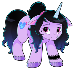 Size: 1260x1176 | Tagged: safe, artist:malarkey, imported from derpibooru, izzy moonbow, pony, unicorn, bracelet, dyed mane, dyed tail, emo, female, floppy ears, g5, goth, goth izzy, jewelry, mare, my little pony: a new generation, sad, sad pony, simple background, solo, tail, transparent background