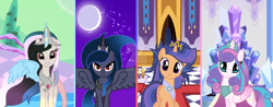 Size: 1024x400 | Tagged: safe, artist:velveagicsentryyt, imported from derpibooru, princess flurry heart, oc, oc:galaxy swirls, oc:mysterilestia, hybrid, pony, interspecies offspring, moon, offspring, older, parent:discord, parent:flash sentry, parent:king sombra, parent:princess celestia, parent:princess luna, parent:twilight sparkle, parents:dislestia, parents:flashlight, parents:lumbra