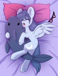 Size: 1560x2048 | Tagged: safe, artist:cloud-fly, imported from derpibooru, oc, oc only, oc:moon dust, pegasus, pony, shark, bed, blåhaj, commission, drool, eyebrows, eyebrows visible through hair, female, mare, pegasus oc, pillow, plushie, shark plushie, sleeping, solo, spread wings, underhoof, ych result