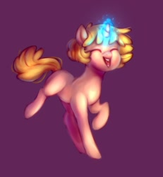 Size: 1248x1352 | Tagged: safe, artist:aylufujo, imported from derpibooru, oc, oc only, pony, unicorn, eyes closed, glowing, glowing horn, horn, purple background, simple background, smiling, solo, unicorn oc