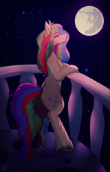 Size: 918x1432 | Tagged: safe, artist:mirtalimeburst, imported from derpibooru, oc, oc only, earth pony, pony, earth pony oc, full moon, mare in the moon, moon, multicolored hair, night, rainbow hair, solo, stars