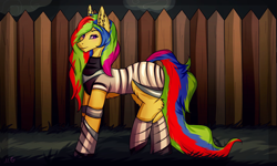 Size: 1532x918 | Tagged: safe, artist:mirtalimeburst, imported from derpibooru, oc, oc only, earth pony, pony, armor, ear fluff, earth pony oc, multicolored hair, outdoors, rainbow hair, solo