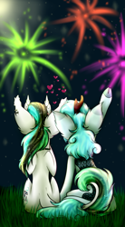 Size: 2561x4628 | Tagged: safe, artist:beamybutt, imported from derpibooru, oc, oc only, earth pony, kirin, pony, ear fluff, earth pony oc, eyelashes, female, fireworks, kirin oc, looking up, mare, outdoors