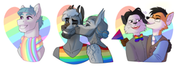 Size: 4909x1845 | Tagged: safe, artist:royvdhel-art, imported from derpibooru, oc, oc only, anthro, earth pony, fox, pony, anthro with ponies, bust, clothes, gay pride flag, grin, kissing, male, pride, pride flag, scarf, smiling