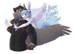 Size: 3889x2841 | Tagged: safe, artist:royvdhel-art, imported from derpibooru, oc, anthro, pegasus, clothes, duo, happy birthday, high res, hug, hug from behind, pegasus oc, smiling, talking, wings