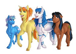 Size: 4092x2893 | Tagged: safe, artist:royvdhel-art, imported from derpibooru, oc, oc only, oc:azurite, oc:miley hooves, oc:sunny day, earth pony, pegasus, pony, unicorn, earth pony oc, horn, pegasus oc, raised hoof, simple background, unicorn oc, white background