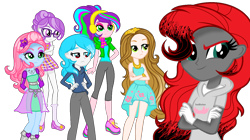 Size: 1404x788 | Tagged: safe, artist:gihhbloonde, imported from derpibooru, oc, equestria girls, base used, clothes, eyelashes, female, gloves, group, hand on hip, high heels, pants, shoes, simple background, skirt, smiling, smirk, transparent background