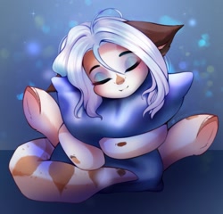 Size: 2087x2000 | Tagged: safe, artist:shavurrr, imported from derpibooru, oc, oc only, earth pony, pony, abstract background, coat markings, commission, eyes closed, eyeshadow, floppy ears, high res, hug, makeup, oc name needed, pillow, pillow hug, solo, spread legs, spreading, underhoof, white mane