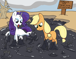 Size: 1800x1400 | Tagged: safe, artist:amateur-draw, imported from derpibooru, applejack, rarity, earth pony, pony, unicorn, female, fetish, lesbian, mare, quicksand, rarijack, shipping, sign, sticky, stuck, tar, tar pit, wet and messy