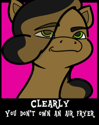 Size: 1501x1907 | Tagged: safe, artist:botckap, imported from derpibooru, oc, oc only, oc:dust ball, earth pony, pony, caption, female, g5, image macro, meme, my little pony: a new generation, simple background, solo, text