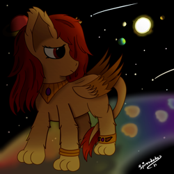 Size: 2000x2000 | Tagged: safe, artist:spiroudada, imported from derpibooru, oc, sphinx, bridge, commission, female, high res, jewels, planet, rainbow, sad, space, sun