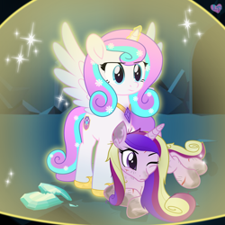 Size: 2000x2000 | Tagged: safe, artist:lovinglypromise, imported from derpibooru, princess cadance, oc, oc:lovely promise, alicorn, pony, alicorn oc, broken, child, crystal heart, crystal heart broken, daughter, female, glowing, glowing horn, high res, horn, injured, magic, mother, mother and child, mother and daughter, not flurry heart, one eye closed, protecting, spread wings, wings