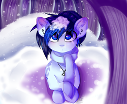 Size: 1024x843 | Tagged: safe, artist:yourboicloudx, imported from derpibooru, oc, oc only, oc:cloudy storm, pegasus, pony, clothes, ear piercing, earring, female, hat, jewelry, lying down, necklace, pegasus oc, piercing, prone, scarf, snow, solo