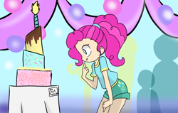 Size: 4564x2900 | Tagged: safe, artist:ginmay, imported from derpibooru, pinkie pie, human, cake, candle, clothes, female, food, high res, humanized, shorts, solo