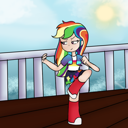 Size: 4000x4000 | Tagged: safe, artist:ginmay, imported from derpibooru, rainbow dash, human, absurd resolution, clothes, female, humanized, martial arts, solo, standing, standing on one leg