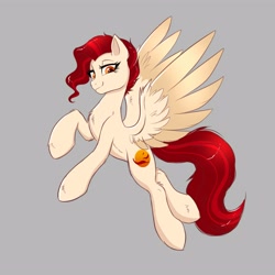 Size: 4000x4000 | Tagged: safe, artist:rand-dums, imported from derpibooru, oc, oc only, oc:dusk feather, pegasus, pony, female, flying, gray background, pegasus oc, simple background, smiling, solo, spread wings, wings