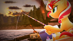 Size: 3840x2160 | Tagged: safe, artist:nebby14, imported from derpibooru, sunset shimmer, pony, unicorn, equestria girls, 3d, 4k, boombox, female, fishing, fishing rod, forest, guitar, high res, mare, musical instrument, poster, solo, source filmmaker, sunset, tree, water