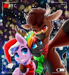 Size: 5300x5700 | Tagged: safe, artist:rainbowfire, imported from derpibooru, oc, oc only, bull, pegasus, pony, unicorn, camera shot, clothes, cute, fake horns, holiday, hug, new year, scarf, snow, winter outfit