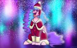 Size: 3613x2289 | Tagged: safe, artist:bella-pink-savage, imported from derpibooru, oc, oc only, oc:bella pinksavage, pegasus, pony, christmas, clothes, costume, female, high res, holiday, open mouth, pegasus oc, santa costume, singing, solo