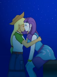 Size: 2236x3024 | Tagged: safe, artist:sandypeacebringer, imported from derpibooru, applejack, rarity, equestria girls, blushing, clothes, duo, eyes closed, female, high res, lesbian, night, rarijack, shipping