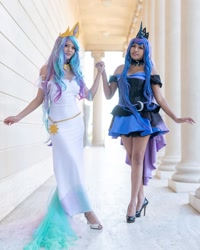 Size: 1080x1350 | Tagged: safe, imported from derpibooru, princess celestia, princess luna, human, clothes, cosplay, costume, dark skin, dress, duo, high heels, irl, irl human, photo, royal sisters, shoes, siblings, sisters