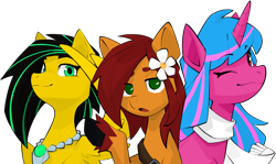 Size: 3757x2235 | Tagged: safe, artist:dar, imported from derpibooru, oc, oc only, oc:apple bloom, oc:echo shade, oc:lightning bug, earth pony, pegasus, pony, unicorn, fanfic:song of seven, bag, black mane, blue mane, clothes, colored fetlocks, cyan eyes, earth pony oc, female, flower, flower in hair, gem, green eyes, high res, horn, jewelry, mare, necklace, pegasus oc, pink eyes, red mane, saddle bag, salute, satchel, scarf, simple background, transparent background, trio, unicorn oc, wing salute