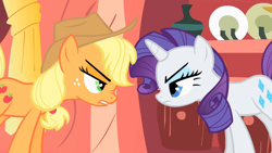 Size: 1920x1080 | Tagged: safe, imported from derpibooru, screencap, applejack, rarity, earth pony, pony, unicorn, look before you sleep, season 1, angry, cowboy hat, duo, female, fight, golden oaks library, hat, hind legs, legs together, mare, nose wrinkle, stetson