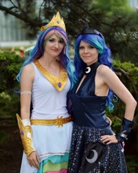 Size: 1080x1350 | Tagged: safe, imported from derpibooru, princess celestia, princess luna, human, clothes, cosplay, costume, duo, irl, irl human, photo, royal sisters, siblings, sisters